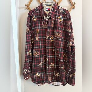 Vtg Tommy Hilfiger Winter Sports Brushed Cotton Shirt L Cabin Core Skis snowshoe